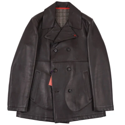 Isaia Napoli Dark Brown Lambskin Leather Pea Coat with Wool Lining S (Eu 46) NWT - Image 1 of 4