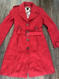 VTG Express Design Studio Wool Red Belted Trenchcoat/pea Coat Medium - Picture 1 of 15