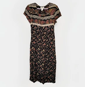 Vintage 90s Just In Thyme Ltd. Maxi Dress Short Sleeve Black Floral Size 14 - Picture 1 of 4
