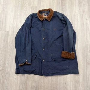Vintage Lands End Chore Coat 3XL Blue Flannel Lined Corduroy Collar Barn Utility - Picture 1 of 11