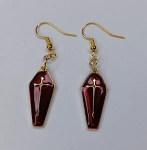 Halloween French Hook Earrings Gold Tone Red Enamel Coffin Earring Pair - Picture 1 of 13