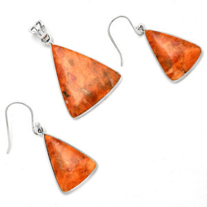 Natural Red Sponge Coral 925 Sterling Silver Pendant Earrings Jewelry Set