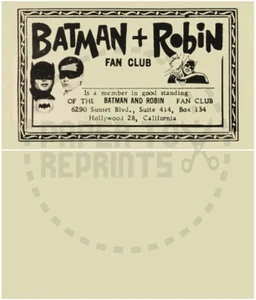 BATMAN AND ROBIN FAN CLUB MEMBERSHIP CARD - VINTAGE REPRINT - Picture 1 of 1