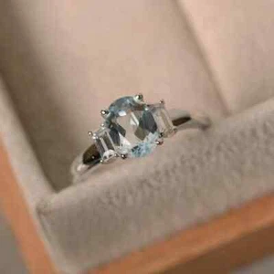 3.00 Ct Natural Aquamarine & Diamond Valentine's Day Ring 14K solid White Gold - Picture 1 of 5