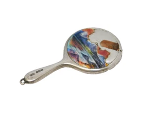 Sterling Silver & Enamel Chatelaine Mirror Fob Antique 1923 Birmingham AF - Picture 1 of 6