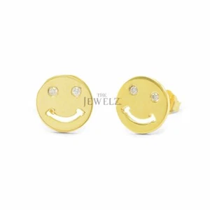 14K Gold 0.04 CT VS/F-G Diamond 8 mm Smiley Emoji Earrings - The Jewelz - Picture 1 of 3