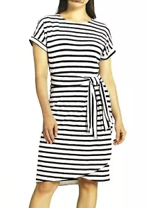 New CHAPS Womens Size 2X Black & White Stripe Short Sleeve Knit Dress NWT Belted - Picture 1 of 2