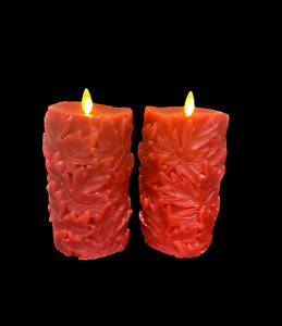 Set of 2 Luminara Red Flameless Read Wax Led Candles Moving Flicker Flame Timer