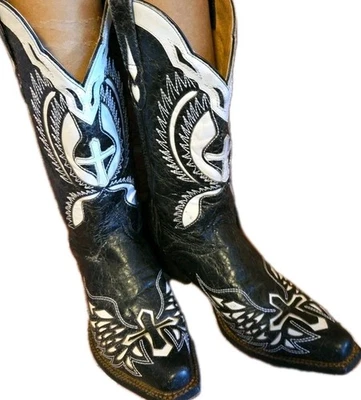 Botas femininas JB Dillon 10 JBW2215 couro de cabra preto incrustado asas cruzes cowboy  - Imagem 1 de 4