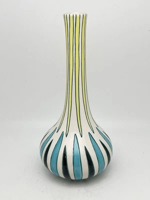 Anthropologie Fescue Bud Vase Yellow Teal Green MCM Retro Style Stripe 9”Tall - Image 1 of 4