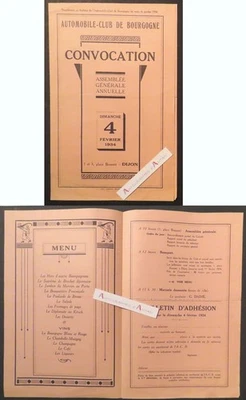 ● Automobile Club de Bourgogne Dijon 1934 convocation AG + Menu Programme Daimé - Photo 1/3
