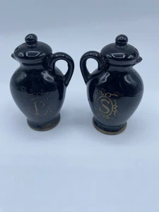 Vintage Black Glaze Redware Pottery Pitcher Salt and Pepper Shakers 3.25” Tall - Picture 1 of 9
