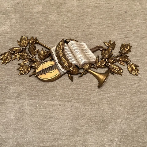 MCM Burwood Music Book Hymnal Horn Lute Instruments Wall Hanging Plaque Gold Cover
