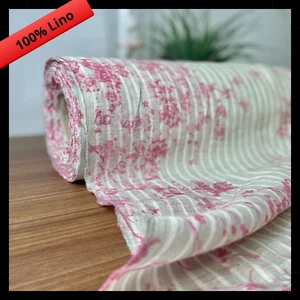 TESSUTO 100% PURO LINO PER TENDE DIVANI TAPPEZZERIA AL METRO STAMPATO rosa  - Picture 1 of 4
