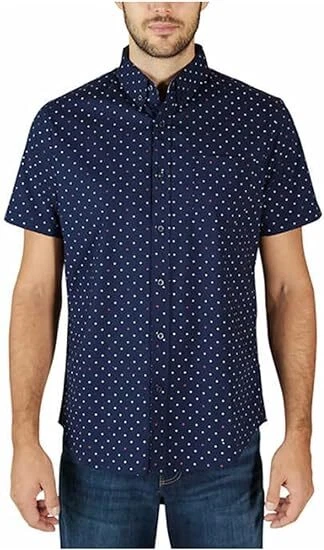 Lee Men's Regular Short Sleeve Button Down Printed Stretch Shirt Blue Small
