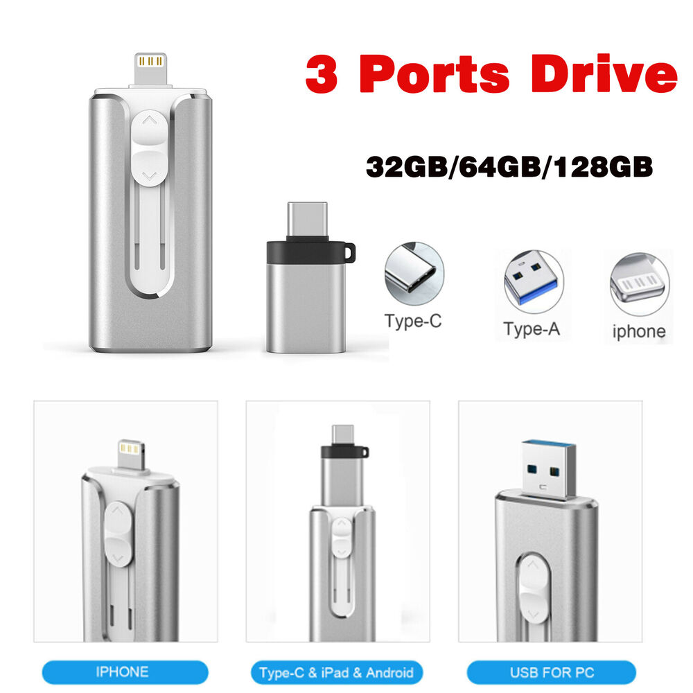 3 Ports 32GB 64GB 128GB USB3.0 Type C Flash Drive Memory Stick For PC/For iphone