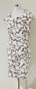 Sportscraft Size 16 Linen Dress Off-White Brown Floral Print Short Sleeve Work - Picture 1 of 5
