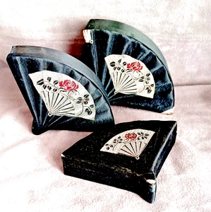 Nesting Set of 3 Trinket Boxes Fan Shaped Brocade Silk Hand Made Vintage RARE - Picture 1 of 22