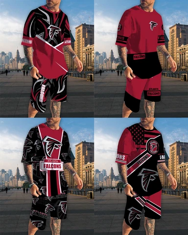 Atlanta Falcons Mens 2pcs Outfits Short Sleeve Casual Top Pockets Board Shorts Cover