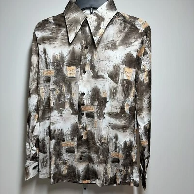 复古 70 年代 Antron 尼龙男式正装衬衫纽扣长袖 M 码 — 第 1/4 张图片