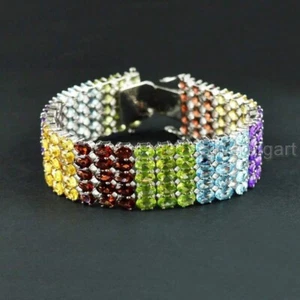 HEAVY 925 STERLING SILVER GARNET TOPAZ CITRINE PERIDOT AMETHYST WIDER BRACELET  - Picture 1 of 3