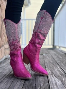 New Fuchsia Ombre Rhinestone Cowboy/Cowgirl Western Mid Calf Boot Block Heel Zip - Picture 1 of 6