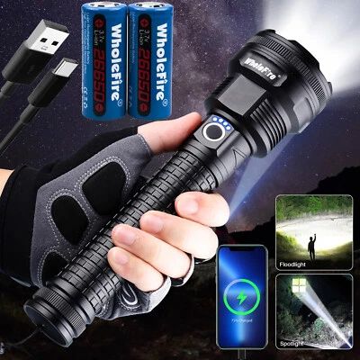 WHOLEFIRE 1200000LMS Super Bright XHP90.2 LED Flashlight Rechargeable Tactical Zoom Torch