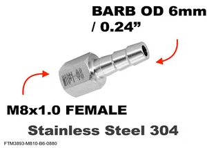 M8x1.0 FEMALE to BARB OD 6mm / 0.24" Stainless Tail Adaptor Hose Connector - Picture 1 of 6