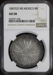 1887 Go RR (AU58) Mexico Cap & Rays 8 Reales NGC - Beautiful Rainbow Rim Tone - Picture 1 of 4