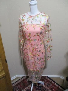 NWT Pretty Little Thing Pencil Dress Pink w/ Multi Color Floral Mesh Overlay 12 - Picture 1 of 8