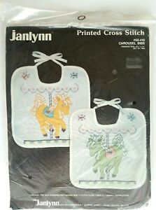 Vintage Janlynn Carousel Bibs Printed Stamped Cross Stitch Kit baby infant