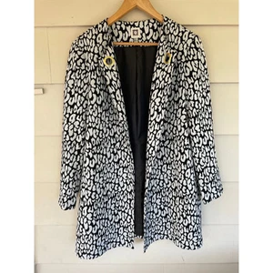 Anne Klein Black White Animal Print Long Sleeve Open Front Long Jacket L Blazer - Picture 1 of 10