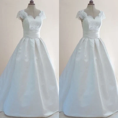 Vintage Wedding Dresses Satin Victorian Short Sleeves White Ivory Bridal Gowns - Image 1 of 4