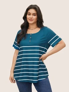 BloomChic Striped Print Raglan Sleeve Button Up T-shirt Aegean Size 22-24 3X NWT - Picture 1 of 9