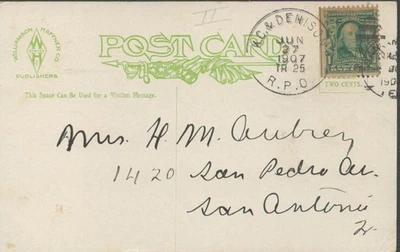 1907 Kansas RPO Railroad Postcard - Kansas City & Denison to San Antonio Texas - Image 1 of 2