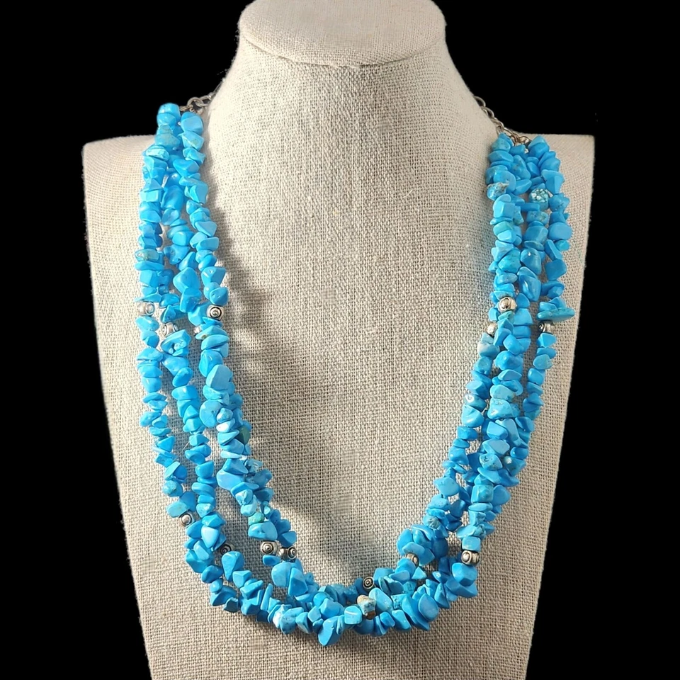 Collar de 4 hilos azul turquesa con cuentas detalles plateados joyería boho llamativa Foto 1 de 4
