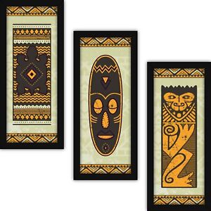 SET OF 3 LARGE TRIBAL MODERN ABSTRACT ART WALL PAINTINGS WITH GLASS (CT1)