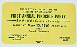 Vtg Ticket Knights of Columbus Pinochle Party Middletown NY May 13 1961 - Picture 1 of 2