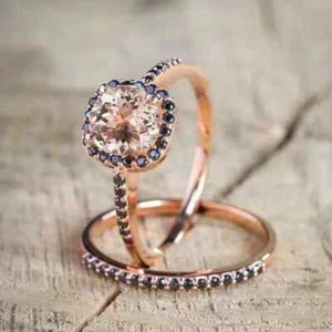 2Ct Round Lab-Created Morganite Bridal Set Wedding Ring 14K Rose Gold Plated - Picture 1 of 10