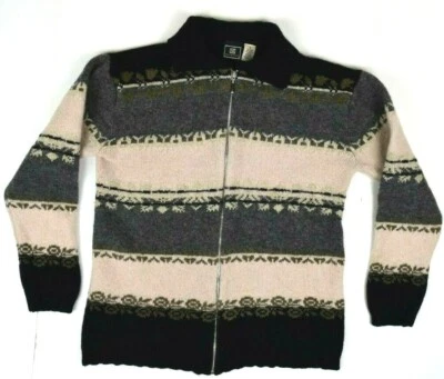 Vintage Sweater Maurices Size M 70s Gray Ivory Block Stripe Wool Zip Cardigan - Image 1 of 4