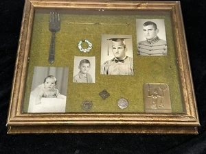Vintage Black & White Photo Shadow Box Boy Scout Baby Fork Gold Ring & Bracelet - Picture 1 of 7