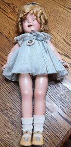 ANTIQUE 1930s IDEAL 22" SHIRLEY TEMPLE DOLL: SLEEPY EYES, BUTTON/PIN & DRESS TAG