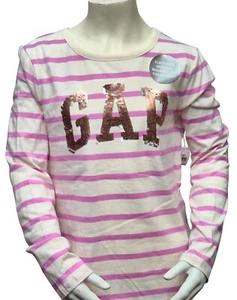 Camiseta GAP Niñas Blanca Lila Rayas Lentejuelas Hueco Logo Manga Larga Precio de venta sugerido por el fabricante 16,99 GBP - Imagen 1 de 6