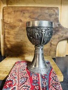 Zinn Altar Kelch Kommunion Hochzeit Tasse Weinkelch 3 Szenen schöne Patina - Bild 1 von 10