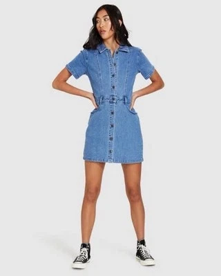 PVP $110 Insight Charli Boxy vestido vaquero lavado azul medio vintage con bolsillos XS Foto 1 de 4