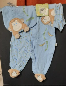 VINTAGE DUCK DUCK GOOSE BABY BOY MY LITTLE MONKEY COTTON SLEEPER & BIB 0-3M NWT - Picture 1 of 6