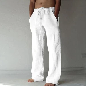 Men’s Linen Pants Summer Breathable Cotton Casual Elastic Waist Solid Color - Picture 1 of 13