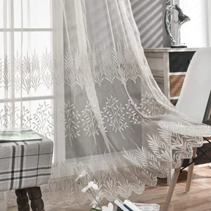 Luxury Beige Sheer Curtains for Living Room - Leaf Embroidery Sheer Curtain P... - Picture 1 of 7