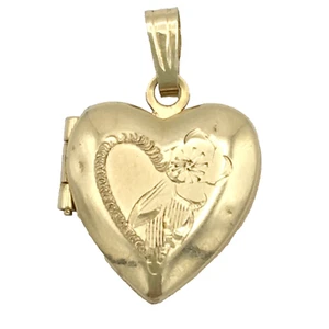 RVL 14K heart locket pendant - yellow gold engraved w/ flower delicate vintage - Picture 1 of 10