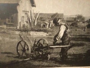 Vtg Farm Peasant Photo Europe B/W Barn Plow Scenic 30's Work Ephemera Scalloped - Picture 1 of 4